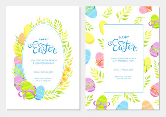 Happy Easter invitation with flowers, green leaves and eggs border. Easter invite modern card template set. 