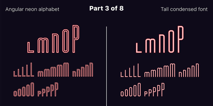 Condensed Red neon font, Angular. Vector set