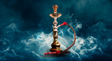 Hookah Smoking On A Dark Abstract Background. Hookah On A Concrete Background, Neon Lights, Blurred Night Lights, Bokeh