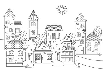 Vector landscape with houses for coloring book