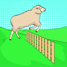 Pop Art Background, The Sheep Jumps Over The Fence. Training Animals On The Farm. Raster