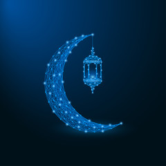 Aufkleber - Low poly islamic crescent with lantern for Ramadan Kareem background. Polygonal wireframe mesh. Vector.