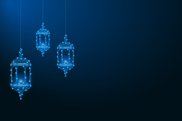 Aufkleber - Ramadan Kareem illustration made by polygonal wireframe mesh with low poly islamic lantern at blue background. Vector.