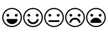 Basic Emoticons Set. Five Facial Expression Of Feedback - From Positive To Negative. Simple Black Outline Vector Icons