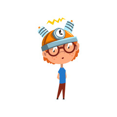 Poster - Cute kid with experimental equipment on his head, scientist boy character working on science experiment vector Illustration on a white background