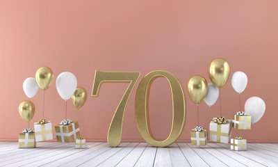 Wall Mural - Number 70 birthday party composition with balloons and gift boxes. 3D Rendering