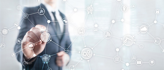 Wall Mural - technology industrial business process workflow organisation structure on virtual screen. iot smart 