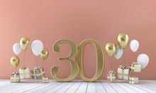 Number 30 Birthday Party Composition With Balloons And Gift Boxes. 3D Rendering