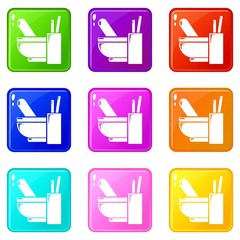 Wall Mural - Mortar pestle icons set 9 color collection isolated on white for any design