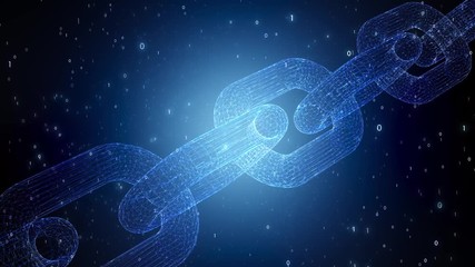 Abstract digital data and network connection structure of illuminated Blockchain chain on dark blue background.