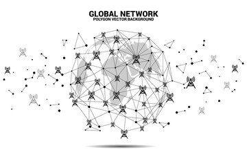 Poster - Vector Polygon dot connect line with antenna tower icon around world map globe. Concept for mobile phone data sim card technology.