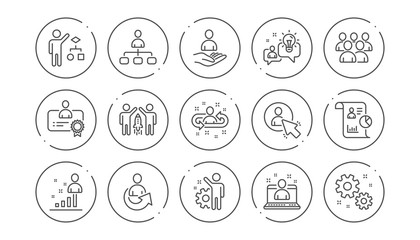 Management line icons. Business people, Algorithm and Group. Startup strategy linear icon set. Line buttons with icon. Editable stroke. Vector