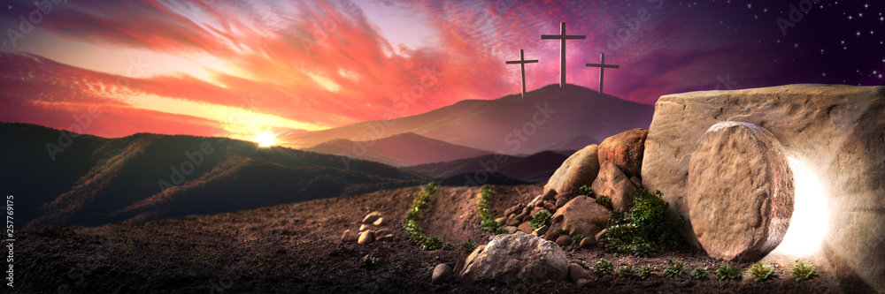 Empty Tomb Of Jesus Christ At Sunrise With Three Crosses In The ...