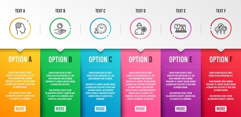Poster - Faq, Engineering and Time management icons simple set. Engineer, Sun protection and Like signs. Web support, Cogwheel head. People set. Infographic template. 6 steps timeline. Business options. Vector