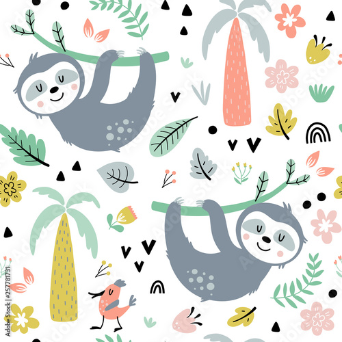 Seamless background with cute sloths Canvas Print