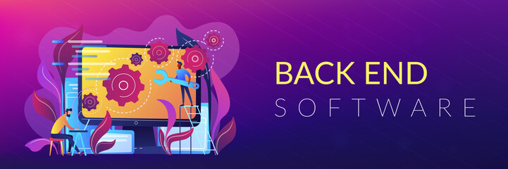 People configure the application on the big LCD screen with gears. Back end development it concept. Software development process. Violet palette. Back-end concept. Header or footer banner template.