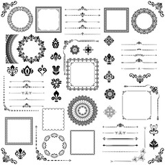 Vintage set of horizontal, square and round elements. Different elements for design, frames, cards, menus, backgrounds and monograms. Classic black patterns. Set of vintage patterns