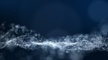 Poster - blue background, digital signature with wave particles, sparkle, veil and space with depth of field.