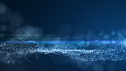 Wall Mural - blue background, digital signature with wave particles, sparkle, veil and space with depth of field. The particles are white light lines.