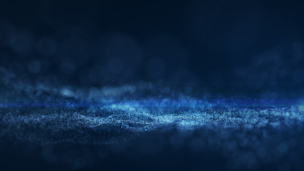 Wall Mural - blue background, digital signature with wave particles, sparkle, veil and space with depth of field. The particles are white light lines.