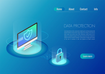 Fototapete - Isometric design concept web banner computer with full option security. Personal data security concept landing page.