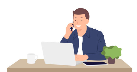 cartoon people character design young man working on laptop and talking on the mobile phone while si