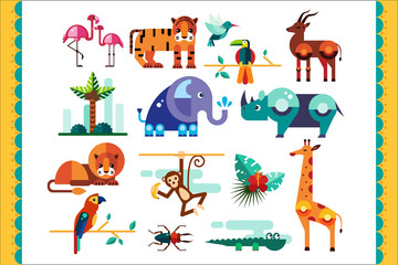 Sticker - Jungle animals, birds and plants set, summer tropical elements, flamingo, tiger, gazelle, elephant, rhinoceros, monkey, lion, parrot, crocodile, giraffe vector Illustrations