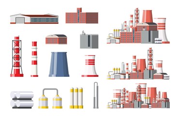 Factory icon set. Industrial factory, power plant. Pipes, buildings, warehouse, storage tank. Vector illustration in flat style