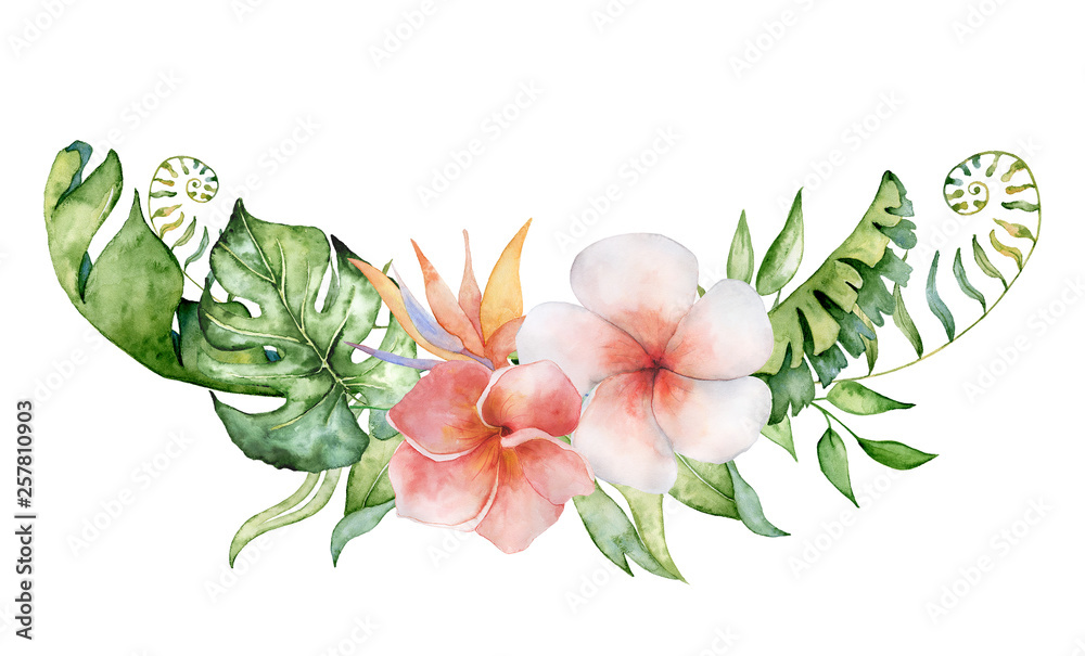 Tropical watercolor flowers and leaves. Exotic bouquet isolated on ...