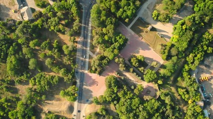 Poster - aerial view on the road with driving cars surrounded green trees.