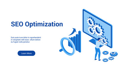 Fototapete - Isometric landing page template for seo optimization. Vector illustration mock-up for website and mobile website