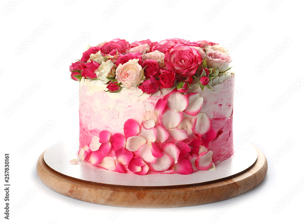 Tasty Birthday cake on white background