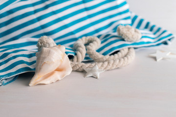 Wall Mural - Blue beach bag with ocean seashell on white wooden background  with copy space. Concept for summer times and vacation at sea.