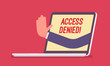 Access denied sign on laptop screen. Hand from device showing user does not have permission to file, system refuses password and entry to computer data, error with red signal. Vector illustration