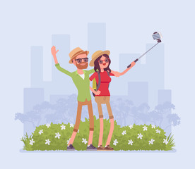 Wall Mural - Tourists taking selfie. Young happy pair travelling, visiting places for pleasure, making photograph with smartphone, stick to share in social media, self-portrait photo from trip. Vector illustration