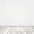 Empty room interior with white brick wall and light wooden floor background, vector illustration