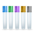 Blood empty test tubes. Vector medical illustration. Blue, green, gray, gold, lavender colors. White background.