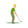 © greenpicstudio - Golf player in green uniform and yellow hat ready kick ball