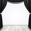 Empty stage with black curtains drapes  and light wooden floor, vector illustration