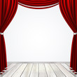 Empty stage with red curtains drapes  and light wooden floor, vector illustration