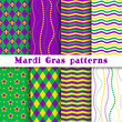 Mardi gras vector different seamless pattern: argyle, chevron, beading, stars, wavy background; white, yellow, green, purple, violet colors. Pattern swatches included in the Swatches panel