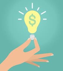 Woman's hand holding a light bulb with a dollar symbol on it. Idea concept