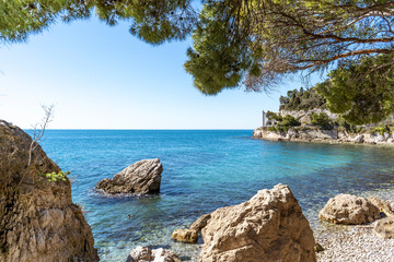 Poster - Beautiful sunny rocky beach in Miramare's park, Trieste Italy