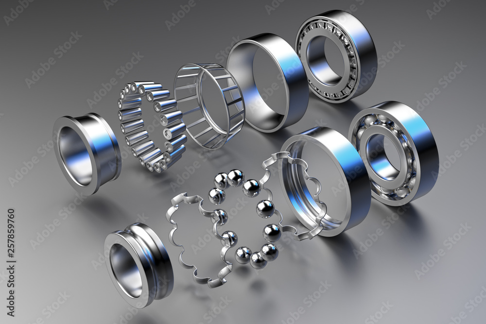 3D rendering. Automotive bearings auto spare parts. Ball bearing on a ...
