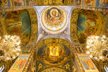 Interior, church of Savior on the Spilled Blood. 1880s church with vibrant, lavish design - Saint Petersburg, Russia