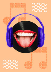 Music - how it tastes. Melomans head as a black vinyl record with brightning smile, red lips and purple headphones. Modern design. Contemporary art collage. Modern design. Contemporary art collage.