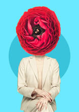 Femininity And Clean Thoughts. Young Woman Sitting In Beige Suit With Blooming Pink Flower As A Head Against Blue Background. Modern Design. Natural Beauty Concept. Contemporary Pop-art Collage.