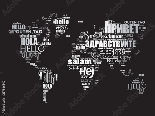 Hello In Different Languages Word Cloud In Shape Of World Map