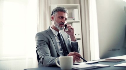 Wall Mural - Businessman with smartphone, coffee and computer sitting at the table, making a phone call.