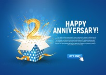 2 Nd Year Anniversary Banner With Open Burst Gift Box. Template Second Birthday Celebration And Abstract Text On Blue Background Vector Illustration